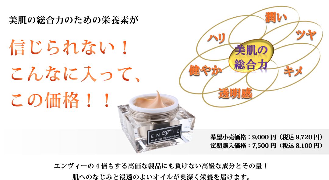 美肌の総合力のための栄養素が信じられない!こんなに入って9000円!エンヴィーの4倍する価格商品にも負けない成分量を実現!